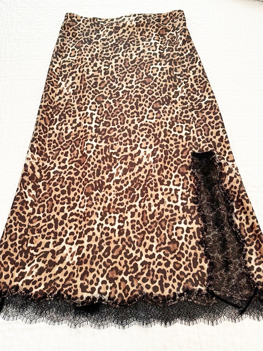 LOFT Leopard Print Midi Slip Skirt with Black Lace Trim Size Medium